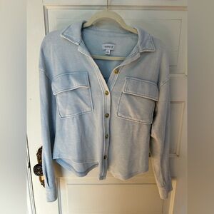 Evereve Terry Cotton Button Down Shirt Light Wash Blue XS Crop Layer Lounge Soft